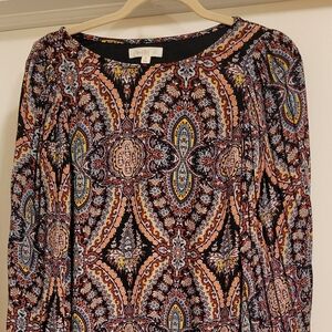 Love Fire Womens Shift Dress Multicolor Damask Lined Long Sleeve Boho SIZE M